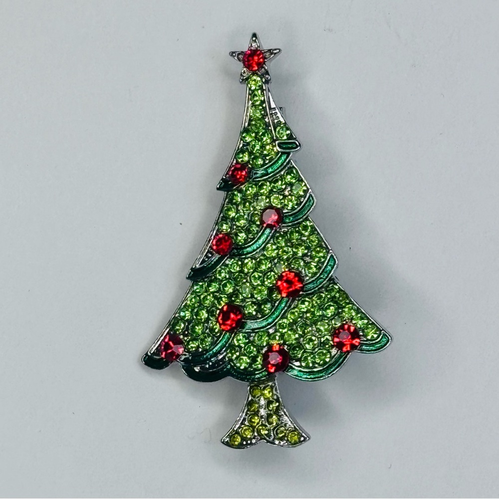 Christmas Tree Brooch in Green with Red Ornaments and Star - Picture 2 of 5